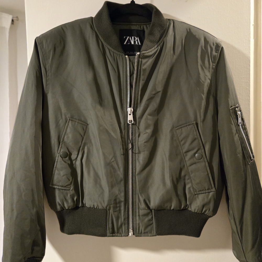 Zara Women's Cropped Olive Bomber Jacket